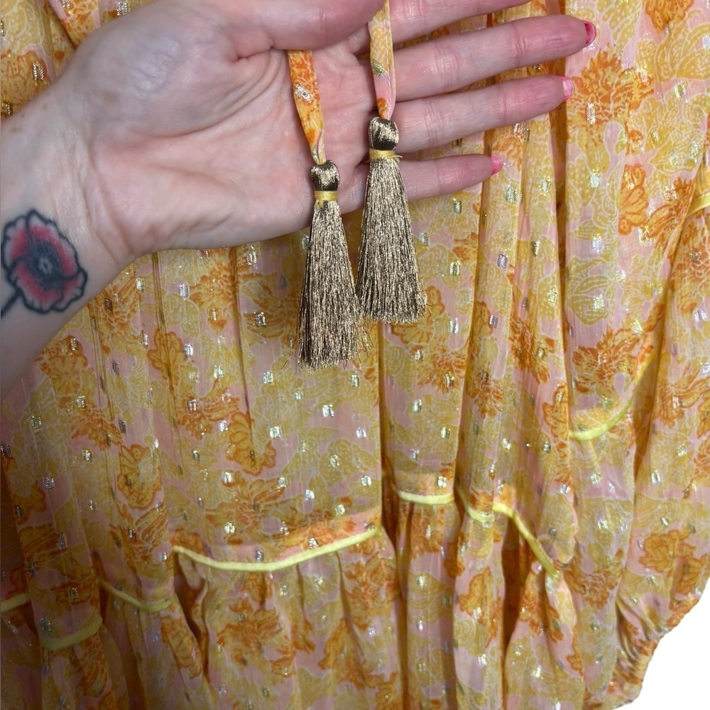 Free People Sheer Flowy Yellow Paste Ruffle Tiered Mini Dress Small *no slip - Picture 9 of 10